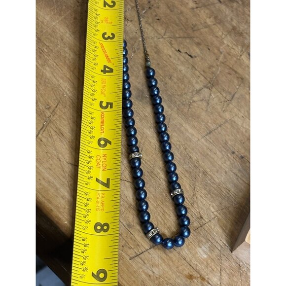 Vintage Blue Faux Pearl Necklace With Rhinestone Accents & Adjustable Hook Clasp - Picture 7 of 10